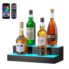 16-inch LED lighted liquor bottle display shelf with multicolor options and remote control.