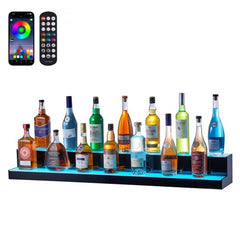 48-inch two-step LED lighted liquor bottle display shelf with app control, showcasing various bottles under colorful lights.