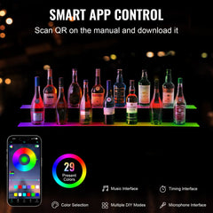 48-inch two-step LED lighted liquor bottle display shelf with app control, showing bottles on glowing shelves and color options on a phone.