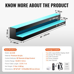 48-inch two-step LED lighted liquor bottle display shelf with RF app control, dimensions, and package contents.