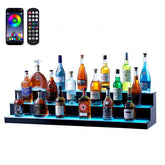 48-inch 3-step LED lighted acrylic shelf displaying liquor bottles with RF remote and app control.