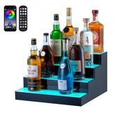 16-inch 4-step LED liquor bottle display shelf with multicolor lighting and acrylic construction.