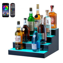 16-inch 4-step LED liquor bottle display shelf with multicolor lighting and acrylic construction.