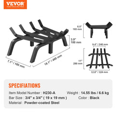 Heavy duty 18-inch fireplace log grate made of powder-coated steel with six support legs.