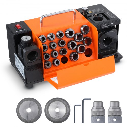 Orange Bostome MR-20G drill bit sharpener with 18 collets, grinding wheels, and accessories.