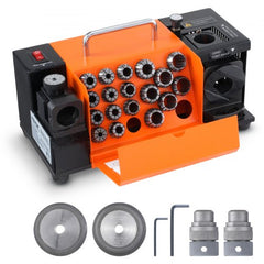 Orange Bostome MR-20G drill bit sharpener with 18 collets, grinding wheels, and accessories.