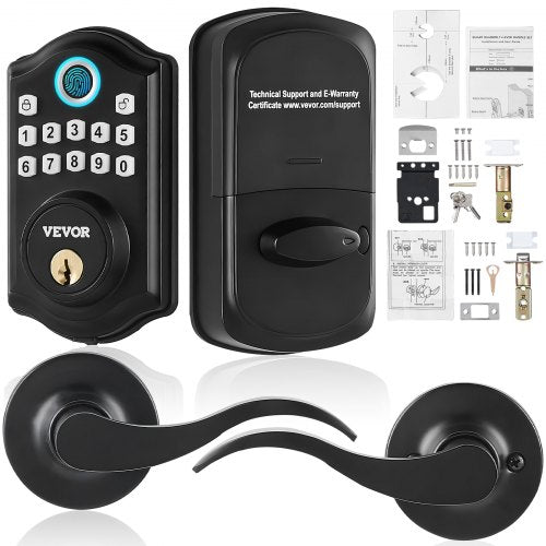 Black Bostome fingerprint keyless door lock with keypad, lever handle, and included hardware.
