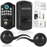 Black Bostome fingerprint keyless door lock with keypad, lever handle, and included hardware.