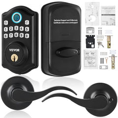 Black Bostome fingerprint keyless door lock with keypad, lever handle, and included hardware.