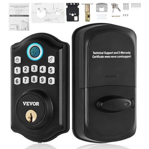 Black Bostome fingerprint door lock with keypad, keyhole, and included mounting hardware.