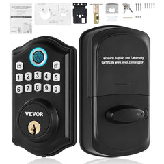 Black Bostome fingerprint door lock deadbolt with keypad, keyhole, and included hardware.