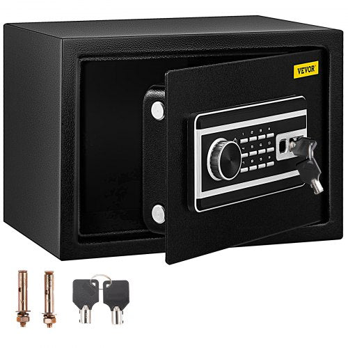 Black Bostome 0.8 cu.ft fingerprint safe box made of Q235 steel, open with keypad and keys.