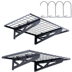 Bostome heavy duty garage shelving set with two wall-mounted steel shelves, 3x2 ft each.