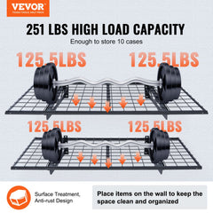 Two wall-mounted steel racks with a sandblasted finish and 251 lbs load capacity per shelf.