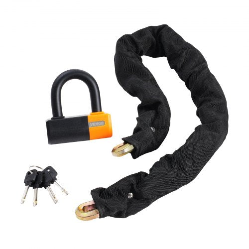 Heavy duty bike chain lock made of 14mm steel with a protective sleeve and four keys.
