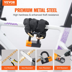 Heavy duty bike chain lock made of 14mm steel with a protective sleeve and four keys.