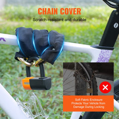 Heavy duty bike chain lock made of 14mm steel with a protective sleeve and four keys.