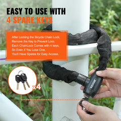 Heavy-duty 47.24 ft bike chain lock with 8mm thick steel links and 4 keys.