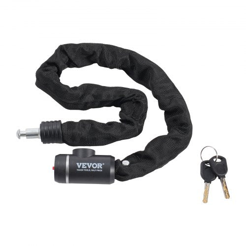 Black 8mm bicycle chain lock with fabric sleeve, includes two keys for security.