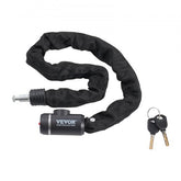 Black 8mm bicycle chain lock with fabric sleeve, includes two keys for security.