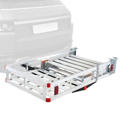 Silver aluminum hitch mount cargo carrier with foldable ramp and 500 lbs capacity.