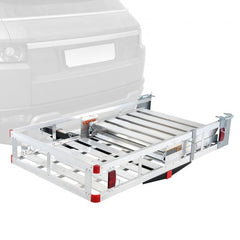 Silver aluminum hitch mount cargo carrier with foldable ramp and 500 lbs capacity.
