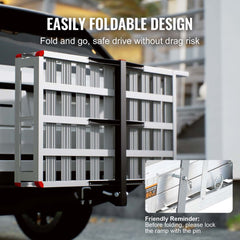 Aluminum hitch mount cargo carrier with foldable ramp and 500 lbs capacity.