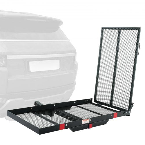 Folding hitch mount cargo carrier with a 500lbs capacity and a 45.3" x 25.6" loading area.