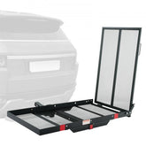Folding hitch mount cargo carrier with a 500lbs capacity and a 45.3" x 25.6" loading area.