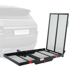 Folding hitch mount cargo carrier with a 500lbs capacity and a 45.3" x 25.6" loading area.