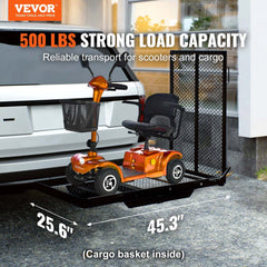 Hitch mount cargo carrier with a folding ramp and 500lbs capacity for easy transport.