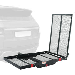 Hitch mount cargo carrier with a folding ramp and 500lbs capacity for secure transport.