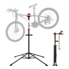 A black and orange heavy-duty bike repair stand holds a bicycle, with a folded stand beside it.