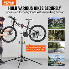Heavy-duty bike repair stand with adjustable height and stable four-legged base for secure support.
