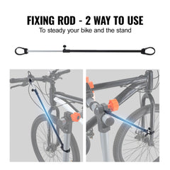 Heavy-duty bike repair stand with adjustable height, 360° clamp, and stable four-legged base.