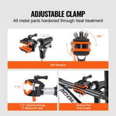 Heavy-duty aluminum bike repair stand with adjustable height, 360-degree rotating clamp, and 1-3 inch opening range.