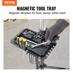 Heavy-duty aluminum bike repair stand with adjustable height, 66 lbs capacity, and magnetic tool tray.