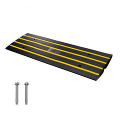 Black rubber curb ramp with yellow stripes, 2.6-inch rise, and mounting bolts.