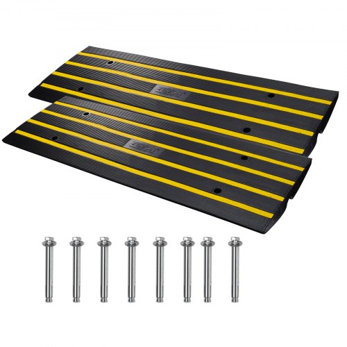 Two black rubber curb ramps with yellow stripes and eight included bolts.