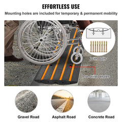 3-pack rubber curb ramps with 2.6-inch height, pre-drilled holes, bolts, and high-visibility stripes for various road surfaces.