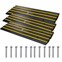 Three black rubber curb ramps with yellow stripes and included mounting screws.