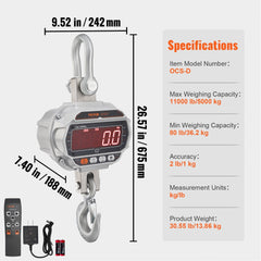 Digital crane scale with remote control, 11000 lbs capacity, and bright LED display.