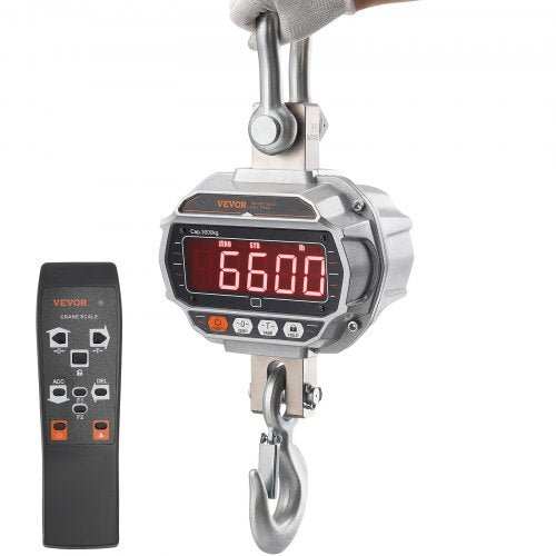Digital crane scale with remote control, 6600 lbs capacity, and bright LED display.