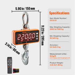 Bostome Digital Crane Scale in orange, measuring up to 2200 lbs with a bright LED display.