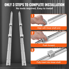 Diagram showing three-step installation of SBR16 linear guide rail with slide blocks: align, push, and insert.