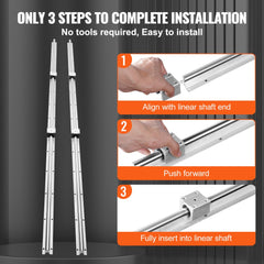 Infographic showing 3-step no-tool installation of SBR16 linear guide rail with slide blocks.