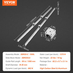 Bostome SBR20 Linear Guide Rail Kit with 1500mm rails and 4 SBR20UU blocks for motion control.