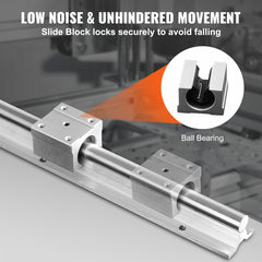 SBR20 1800mm linear guide rail set with two rails and four slide blocks featuring ball bearings.