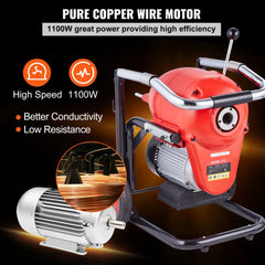 Bostome 1100W drain cleaner machine with 120ft steel cable and interchangeable cutters.