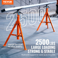 Heavy duty pipe stand with adjustable V head for 1/2-12" pipes and stable triangular base.